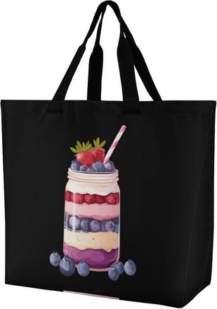 Generic Strawberry Blueberry Shortcake in A Jar Reusable Shopping Bags One Shoulder Grocery Tote Bag Waterproof Big Purse for Work Travel