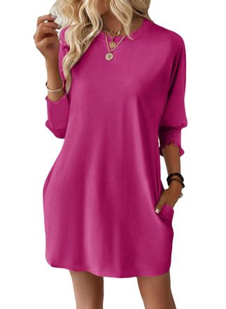 Dokotoo Womens Dresses Summer Fashion 3/4 Sleeve Elastic Smocked Crewneck with Pockets Solid Color Spring Casual Womens Mini Dress Rose Red 2XL