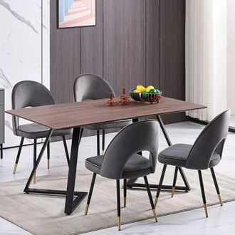 Ainpecca Ainpecca - 150cm Dining Table and Chair Set Brown - 4x Grey Velvet Dining Chairs & Wooden Dining Table