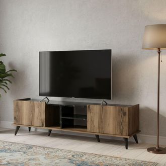 Dmora Dmora - Mueble De Televisi&oacute;n Circini, Aparador De Sal&oacute;n, Mueble Bajo Para Tv, Base De Pared Equipada, 180x34 H52 Cm, Nogal Y Negro
