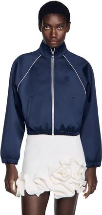 Sandro Embroidered cropped satin jacket in Navy /Black at Nordstrom, Size 40 Eu
