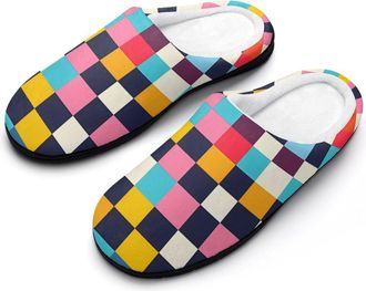 Generic Colorful Checkered Pattern Cotton Slippers for Women Indoor Outdoor Slipper Slip-On Memory Foam Home Shoes