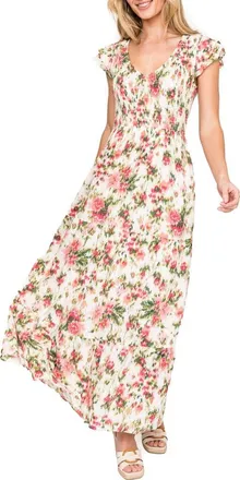 Gibsonlook Floral Smocked Maxi Dress in Garden Rose Floral at Nordstrom Rack, Size Small