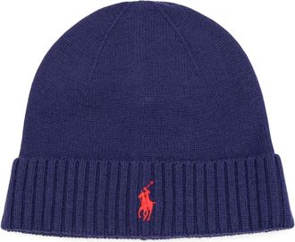 Polo Ralph Lauren Geborduurde wollen muts met omgeslagen voorkant - Heren - Hoeden - Blauw - ONE Size - Wol - Accessoires