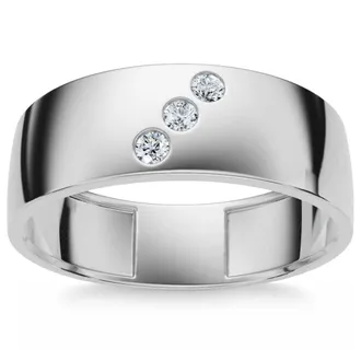 Pompeii3 Mens Three Stone Diamond Ring 10k White Gold High Polished 7mm