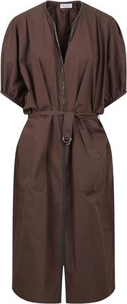 Brunello Cucinelli Bruine Katoenen Poplin Jurk met V-Hals - Dames - Shirt Kleedjes - Bruin - XS - Katoen - Kleedjes