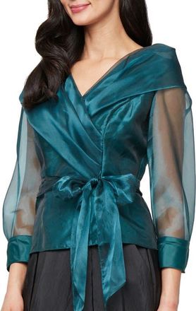 Alex Evenings Shawl Collar Organza Top in Emer Grn at Nordstrom, Size X-Large