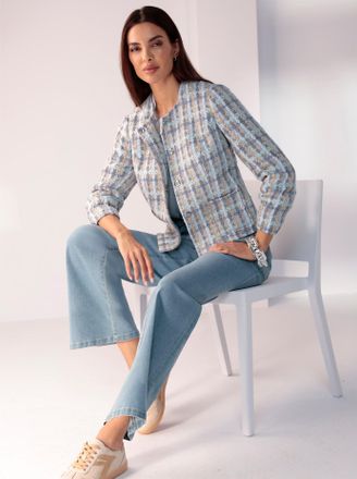 Heine Jackenblazer HEINE Boucl&eacute;-Blazer, Damen, Gr. 34, braun (sesam, hellblau, gemustert), 60% Polyester, 20% Polyacryl, 20% Wolle, Blazer Jackenblazer