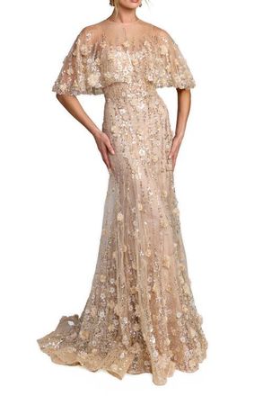 Mac Duggal Chiffon Lace Floral Caplet Sleeve Trumpet Gown in Almond at Nordstrom, Size 14