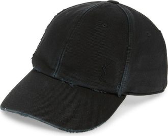 Saint Laurent Distressed Logo Embroidered Adjustable Denim Baseball Cap in Black at Nordstrom, Size 57 Eu