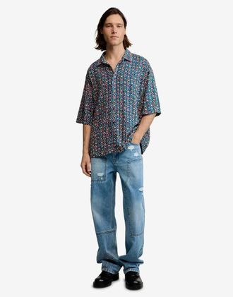 Desigual Camicia a maniche corte blu con ricamo