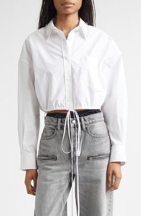Alexander Wang Crystal Stud Crop Drawstring Waist Cotton Button-Up Shirt in White at Nordstrom, Size X-Small