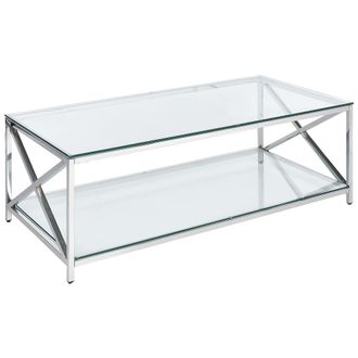 Beliani Mesa De Centro De Vidrio Templado Transparente Plateado 120 X 60 Cm Acero Inoxidable Audet