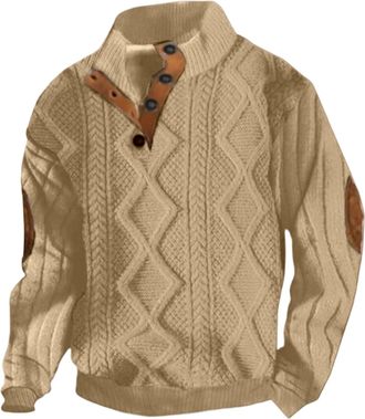 Generic Mens Sweatshirts Knitted Jacquard Sweater Long Sleeve Pullover Casual Knitwear Button Stand Collar Tops Solid Classic Lightweight Pullover Easy Care S