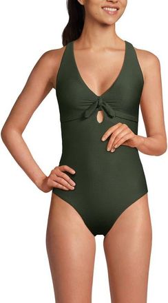 Lands End Ribbed Knot Front One Piece Swimsuit in Rich Olive Green Ottoman at Nordstrom, Size 10