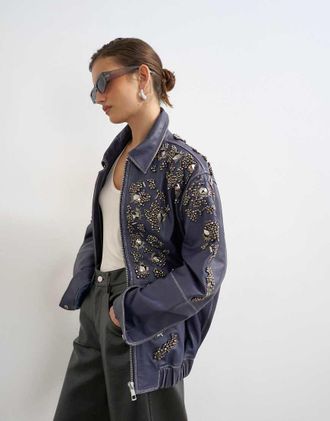 Topshop Giacca in vera pelle blu con perline