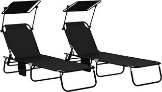 OUTSUNNY 2 Piece Folding Sun Loungers with Adjustable Backrest, Sunshade, Black