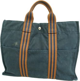 Herm&egrave;s Navy Canvas Tote Bag (Pre-Owned)