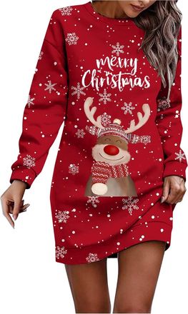 Generic Christmas Jumper Dress for Women UK Ladies Crewneck Long Sleeve Christmas Sweater Dress Xmas Graphic Santa Reindeer Snowflake Xmas Tree Print Knee Len