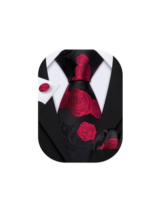 Barry.Wang Roses Ties Red Black Mens Floral Silk Necktie Handkerchief Cufflinks Set Formal Wedding Prom