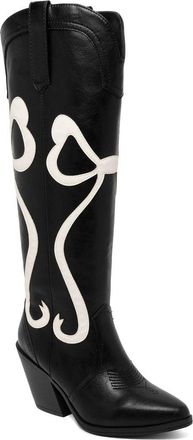 SUGAR Womens Tall Boots - Knee-High Vegan Leather Riding Boots with Pull-On/Side Zipper Entry, Decorative Straps, and Block Heel, Black Cream-kammy, 5.5 UK