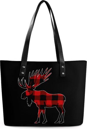 Generic Plaid Moose Lumberjack Red Black Tote Bags for Women Cute Shoulder Purses Handbags