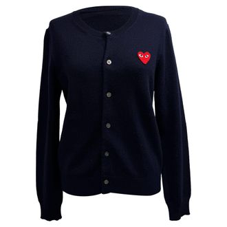 Comme Des Gar&ccedil;ons Comme Des Gar&ccedil;ons Play Heart Logo-Patch Cardigan in Navy Blue Wool