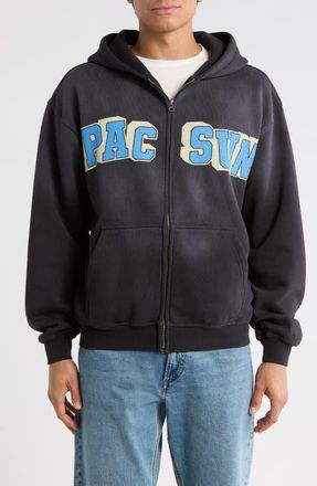 PacSun Varsity Bear Front Zip Cotton Hoodie in Washed Black at Nordstrom, Size X-Large