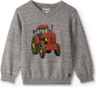 Hatley Tractor V-Neck Cotton Intarsia Sweater in Grey Speckle Melange at Nordstrom, Size 18-24M