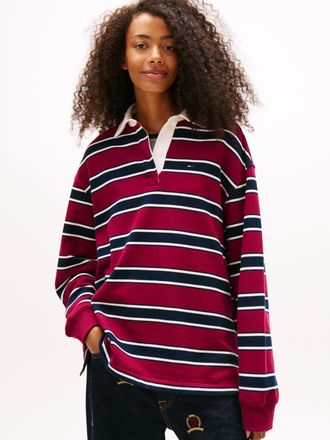Tommy Jeans Sweatshirt TOMMY JEANS TJW RLX S-FLAG STRIPE RUGBY EXT, Damen, Gr. XXL (44), lavish cerise, multi stripe, Sweatware, Obermaterial: 100% Baumwolle, ges