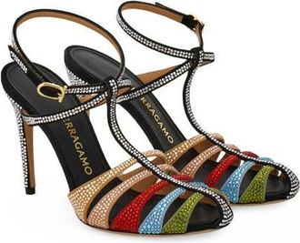 Ferragamo Lipa Crystal Ankle Strap Pump in Nero Corn Green Washed Denim at Nordstrom, Size 10.5