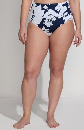 Lands End Sculpting Suit Chlorine Resistant Targeted Control Retro High Waisted Bikini Swim Bottoms in Deep Sea Navy/white Lilies at Nordstrom, Size