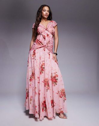 Asos Vestito lungo in chiffon e organza con stampa a fiori-Rosa