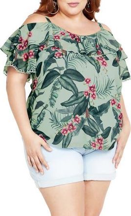 City Chic Phoebe Palm Print Cold Shoulder Top in Seafoam Maya Orchid at Nordstrom Rack, Size M/18W