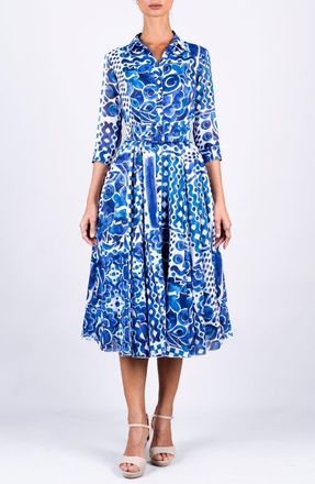 Samantha Sung Watercolor Tile A-Line Belted Shirtdress in White Blue at Nordstrom, Size 14
