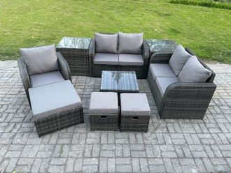 Fimous PE Rattan Garden Furniture Sets Outdoor Love Sofa Chair Set Square Coffee Table 2 Side Tables 3 Footstools in Dark Grey