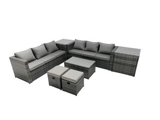 Fimous 8-seater Patio Coffee Table Sofa Set with Side Table 2 Small Footstool in Dark Grey