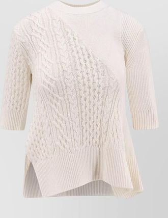 sacai ribbed cable-knit asymmetric three-quarter sleeve sweater