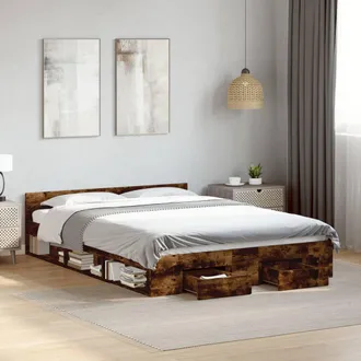 vidaXL Cama Con Cajones Madera De Ingenier&iacute;a Roble Ahumado 120x200 Cm Vidaxl