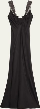 Brandon Maxwell Malone Plunging Lace-Trim Satin Maxi Slip Dress