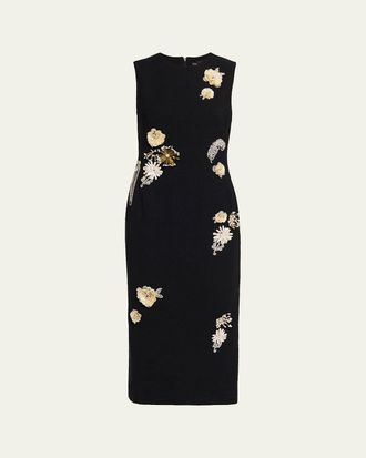 Oscar De La Renta Crystal Embroidered Tweed Sleeveless Midi Cocktail Dress