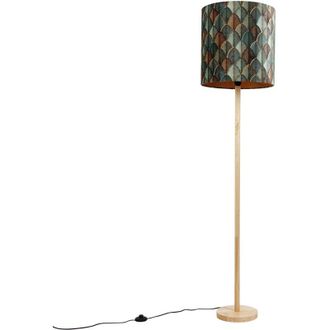 QAZQA Wooden Floor Lamp with Velvet Lampshade Leaf Design and Gold Interior - Mels