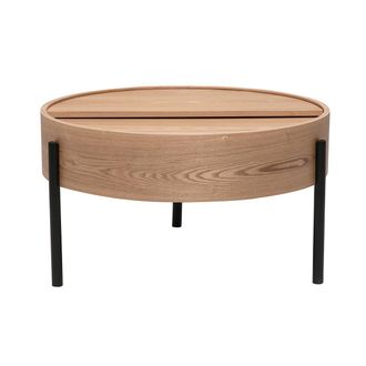 Miliboo Mesa Baja Redonda De Madera Clara De Fresno Y Metal Negro Con Plato Giratorio Y Almacenamiento D80 Cm Yoline