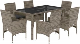 vidaXL Set Comedor Jard&iacute;n 7 Pzas Y Cojines Rat&aacute;n Sint&eacute;tico Vidrio Gris Vidaxl
