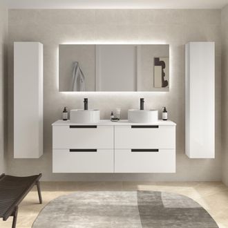 Cygnus Bath Mueble De Ba&ntilde;o Leni 140cm Blanco Mate 4 Cajones Lavabo Sobre Encimera 2 Pozas Porcelana