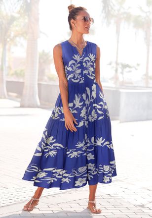 Lascana Druckkleid LASCANA, Damen, Gr. 36, N-Gr, beige (creme, royalblau), Web, Obermaterial: 100% Viskose, bedruckt, figurumspielend kn&ouml;chellang, V-Ausschnit