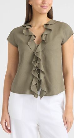 Ellen Tracy Womens Frilled Tie-Front Top