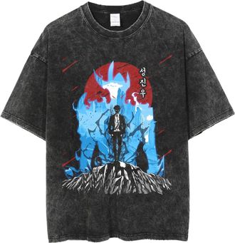 Generic Solo Leveling Anime T-Shirt, Vintage Washed Unisex Short Sleeve Tee, Sung Jinwoo Graphic Solo Leveling Merch for Men & Women (Black-4,XL)