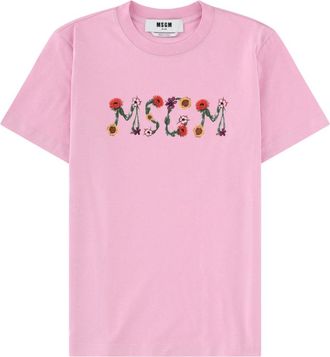 Msgm Soft Pink Chest Floral Logo T-Shirt