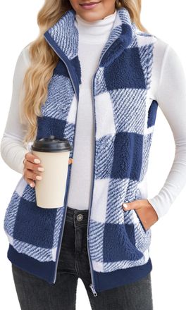 Feoya Fleece Vest Women Plaid Autumn Winter Warm Sleeveless Vest Gilet Stand Collar Zip Jackets Soft Bodywarmer with Pockets Blue M